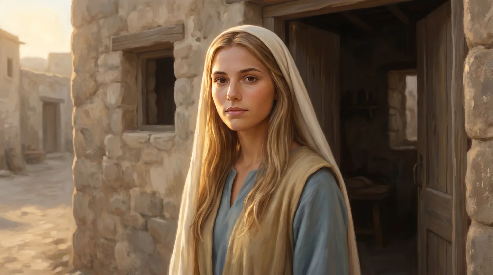 Mary in the doorway of her home