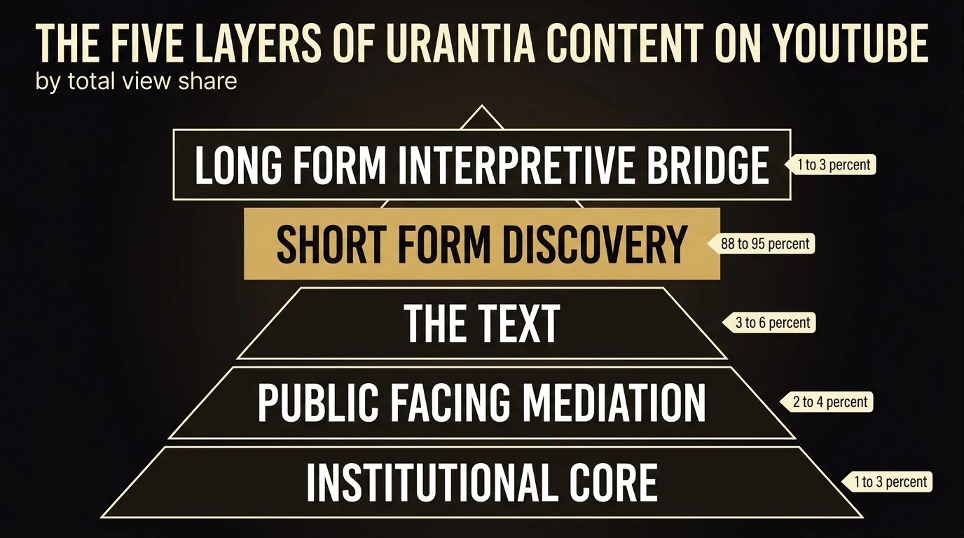 The five functional layers of Urantia themed video on YouTube, sorted by view share. Short Form Discovery is highlighted because it carries 88 to 95 percent of all attention.