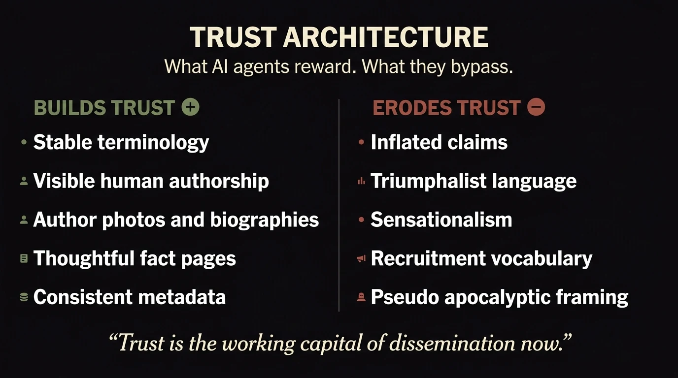What AI agents reward versus what they bypass. Stable terminology, visible authorship, consistent metadata on one side. Inflated claims, triumphalist language, recruitment vocabulary on the other.