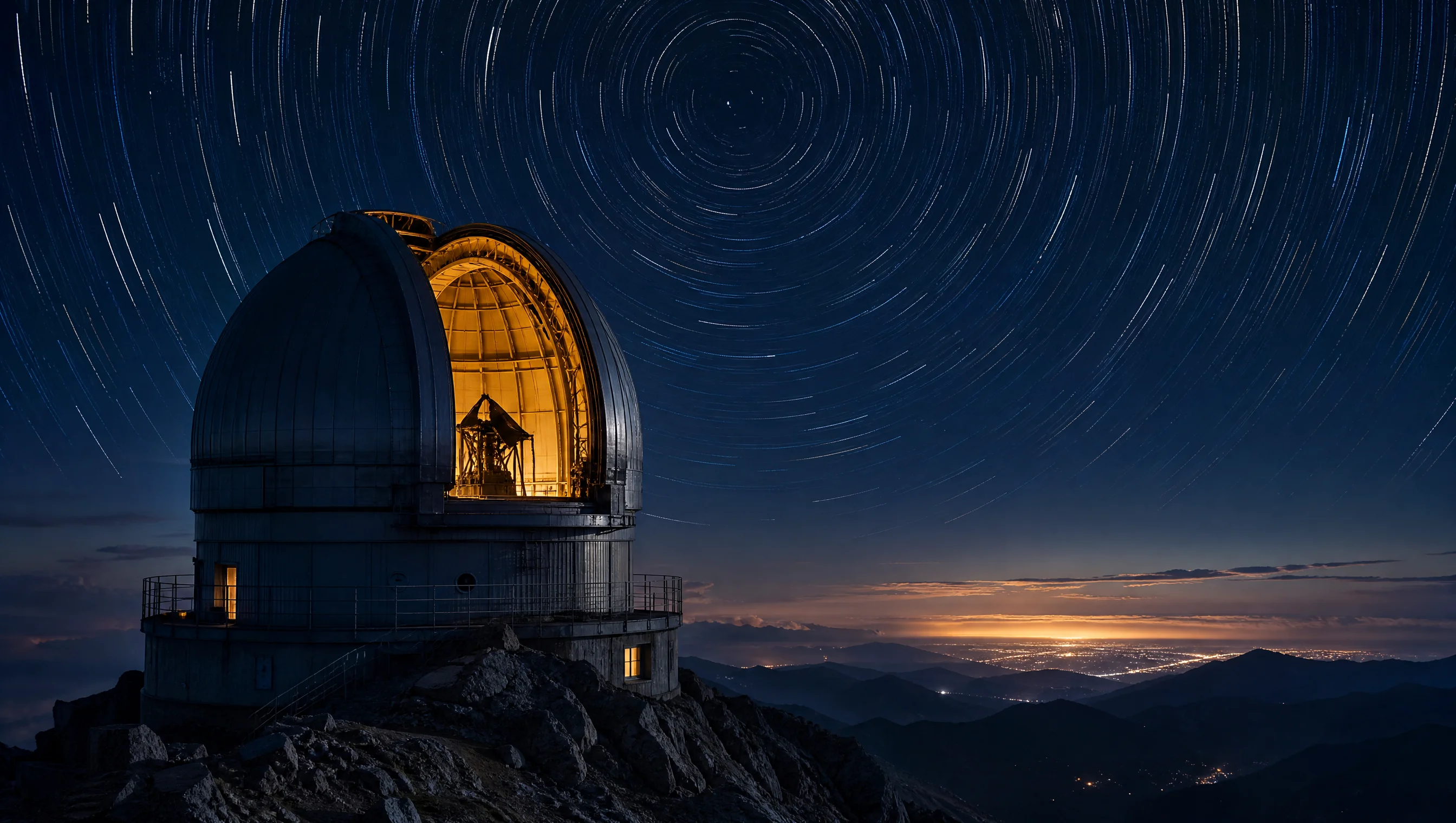 A mountaintop observatory dome open to the night beneath circling star trails, an artist's rendering