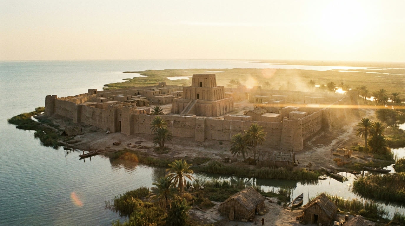 Dalamatia, the brick city of the Planetary Prince, on the warm shore of the Persian Gulf at golden hour