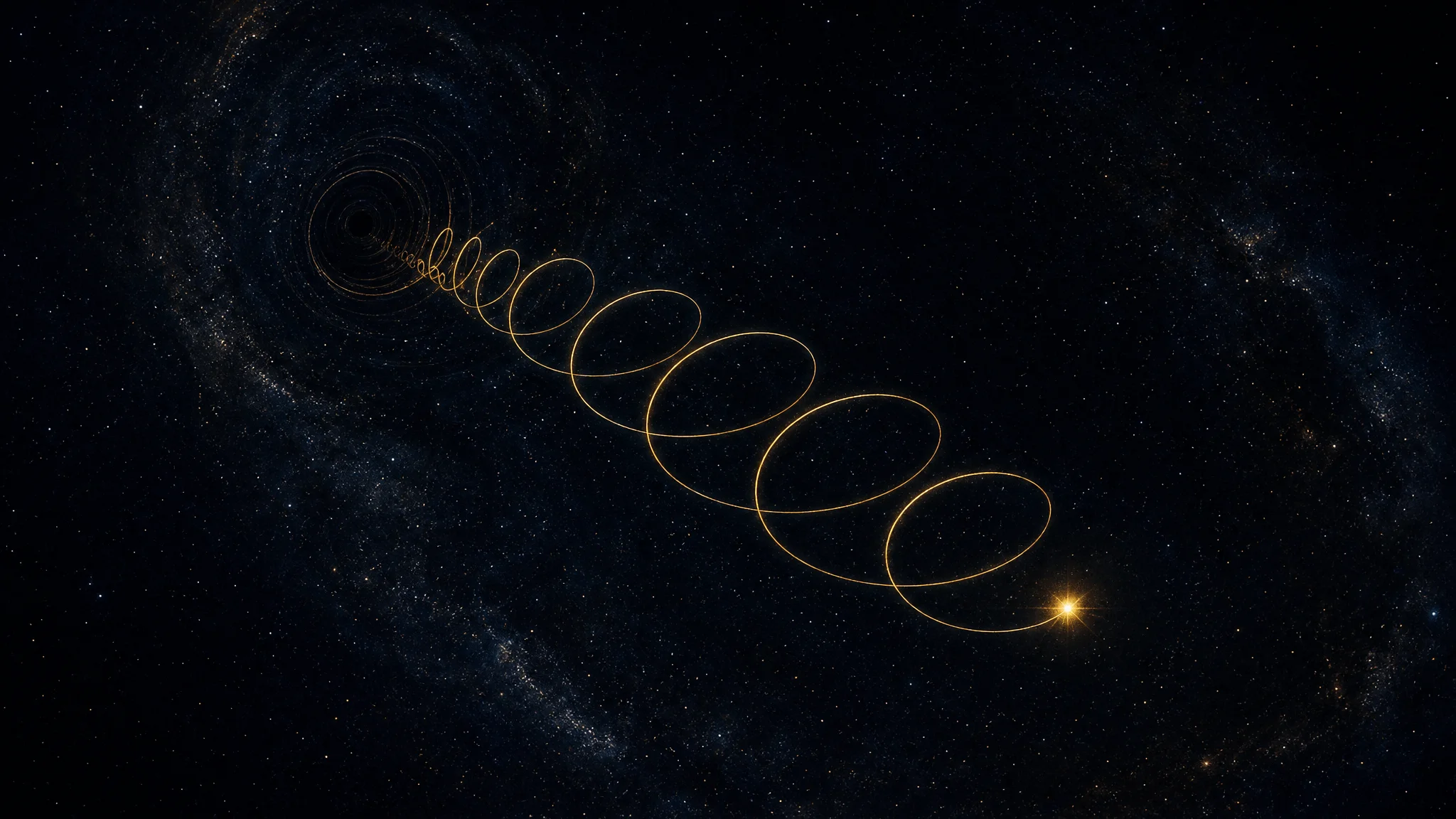 A star's wobbling path traced in gold across dark space, revealing the pull of an unseen companion, an artist's rendering