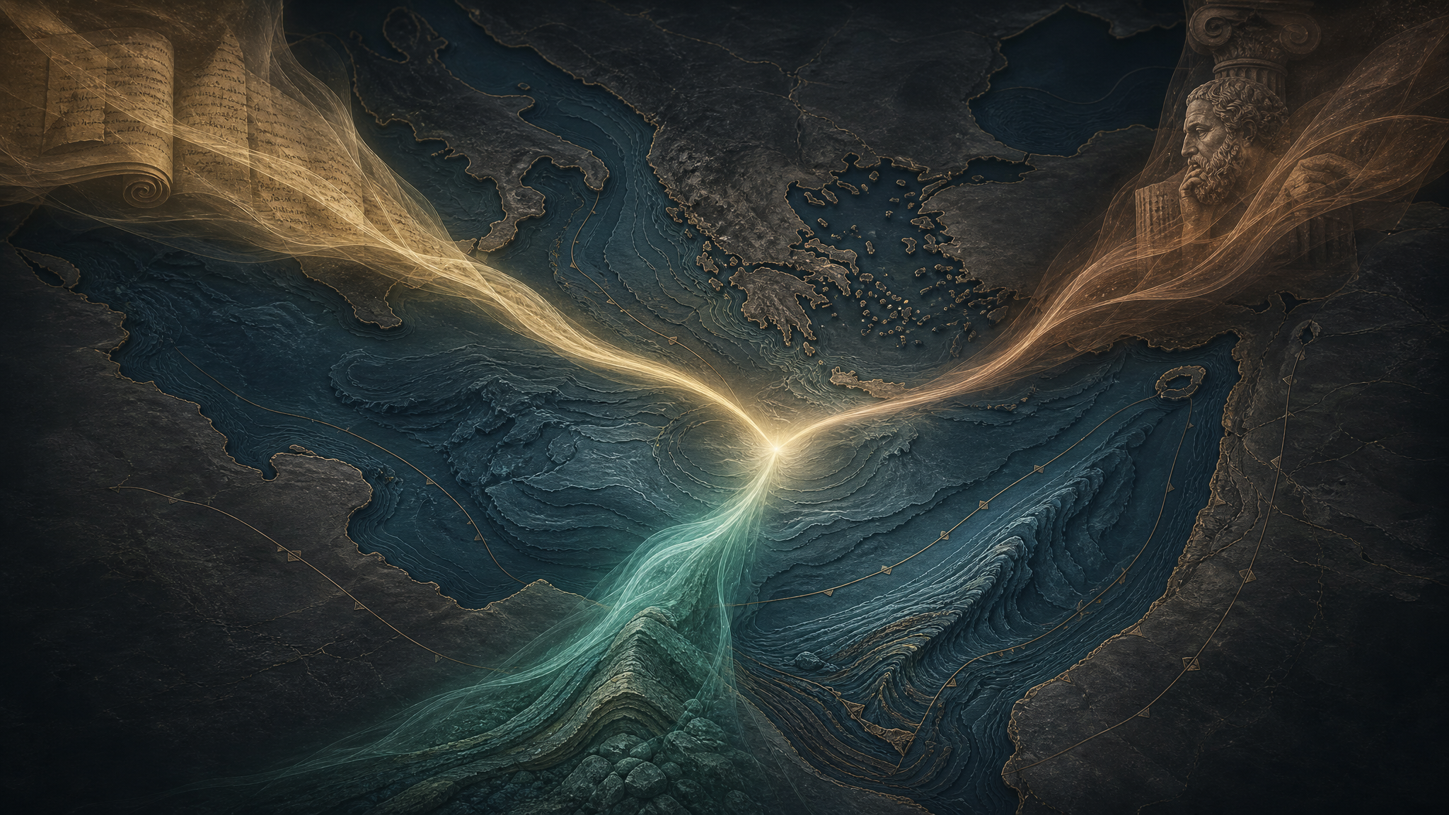 Three streams of light, representing revealed text, marine geology, and classical scholarship, converging toward one point over the eastern Mediterranean basin