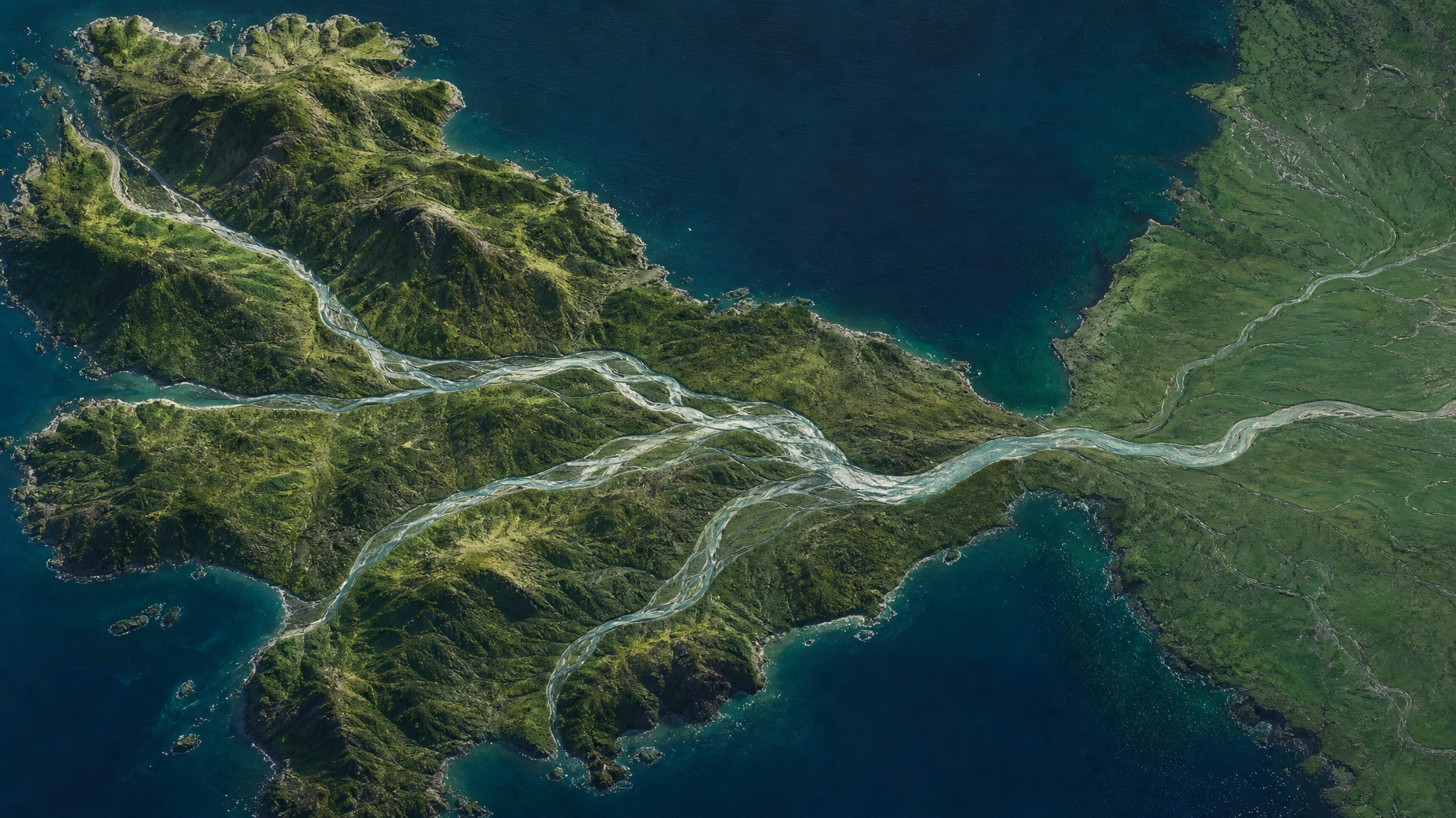 Aerial of a peninsula where four tributaries converge into one great river running east through a narrow neck