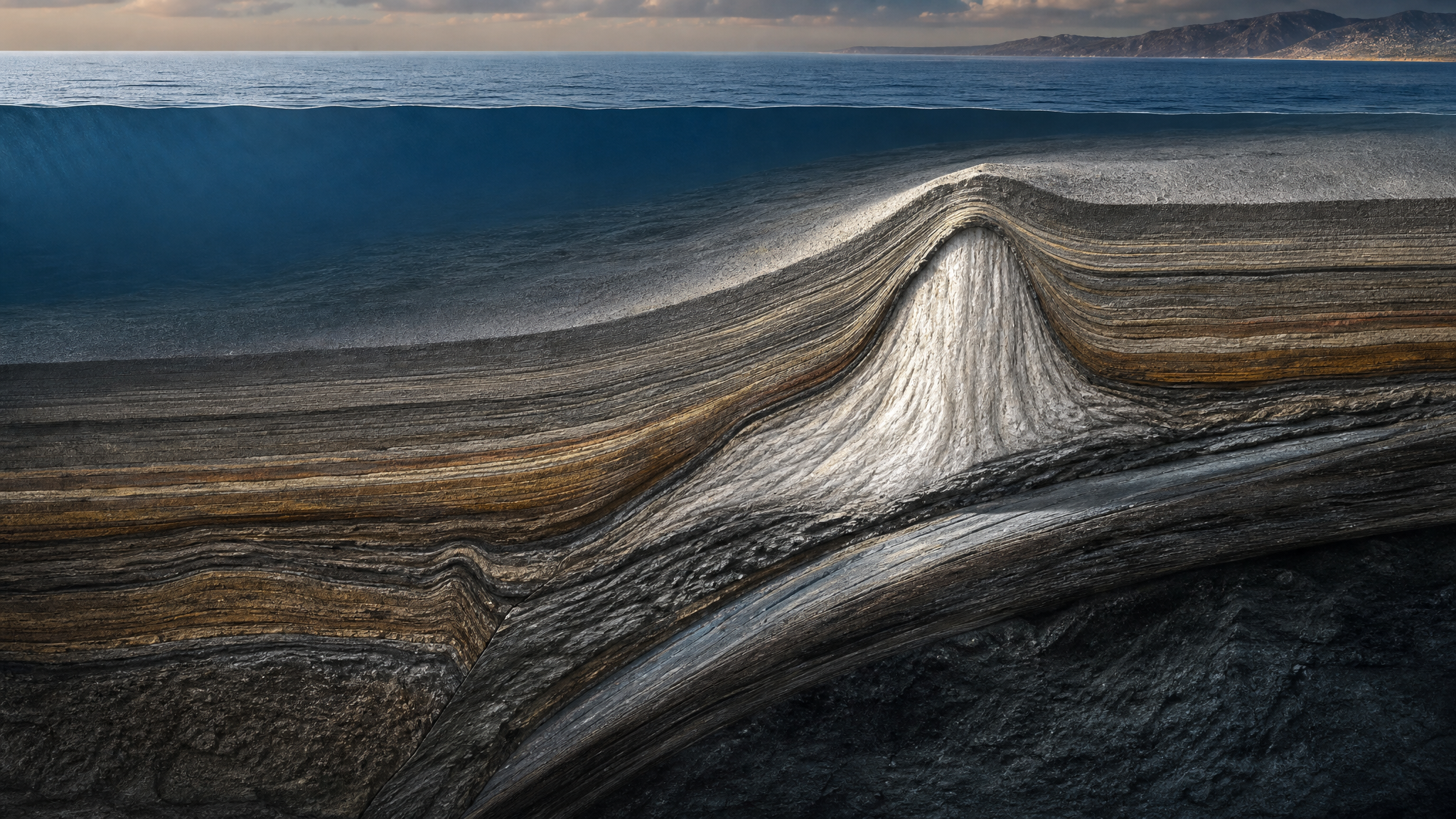 Geological cross section of the Levantine Basin showing a water column, deep silt, layered strata, a salt dome, and a subsided block along a subduction fault