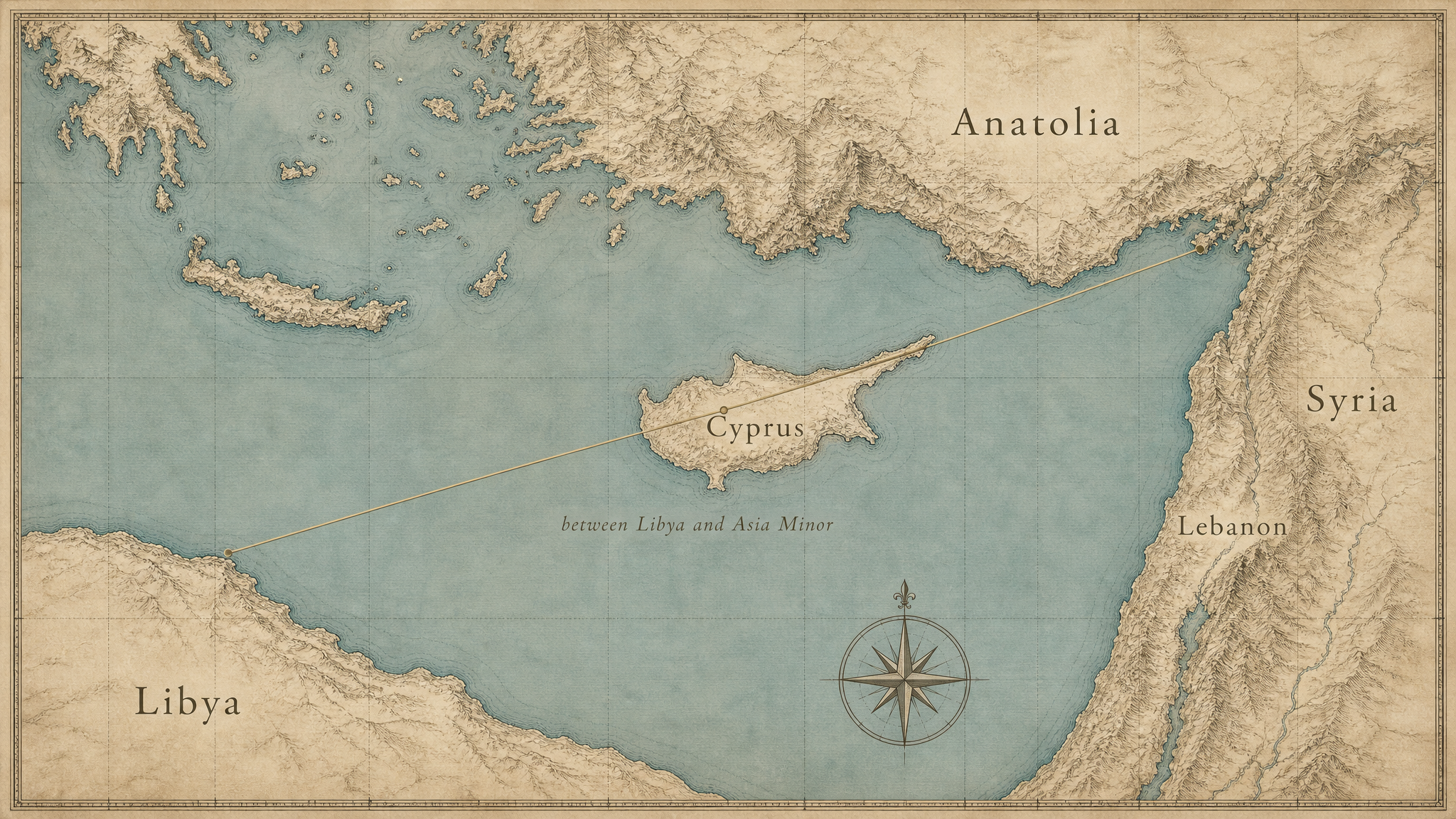Scholarly map of the eastern Mediterranean with a line drawn from Libya to Asia Minor passing over Cyprus