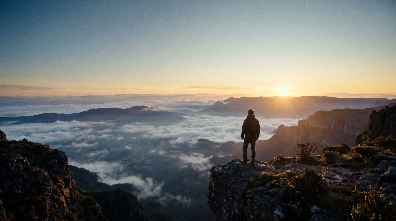 A lone figure seen from behind at the edge of a high cliff at sunrise, a sea of clouds below