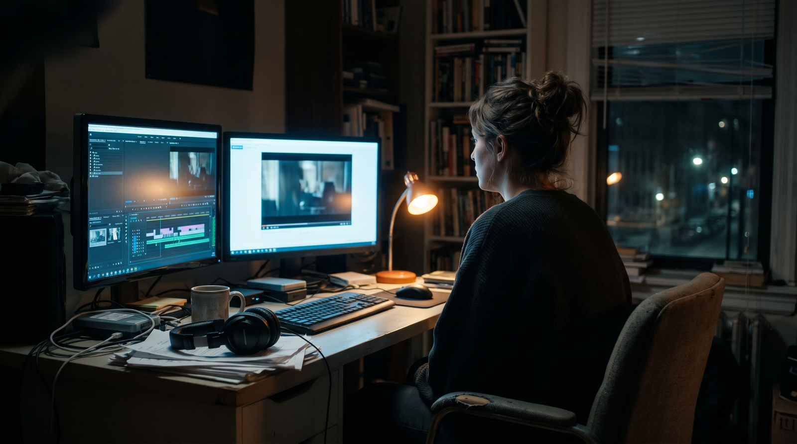 A video editor seen from behind at two monitors late at night, a desk lamp glowing and a city street outside the window