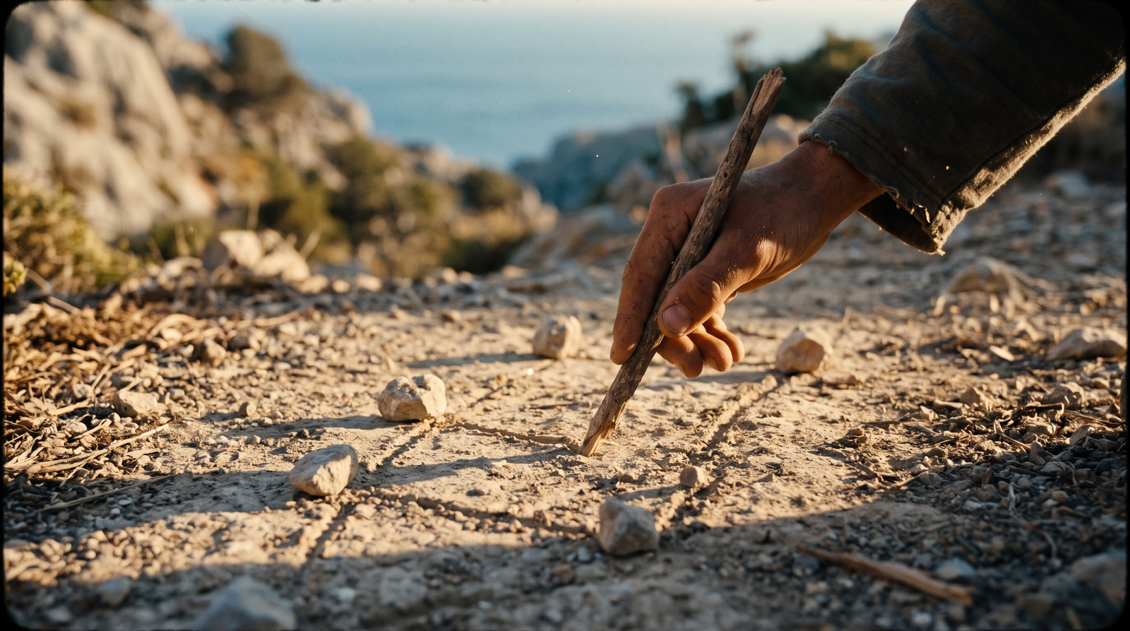 A hand drawing trail lines with a stick in dusty earth on a Cretan hillside, small stones marking the way, the sea beyond