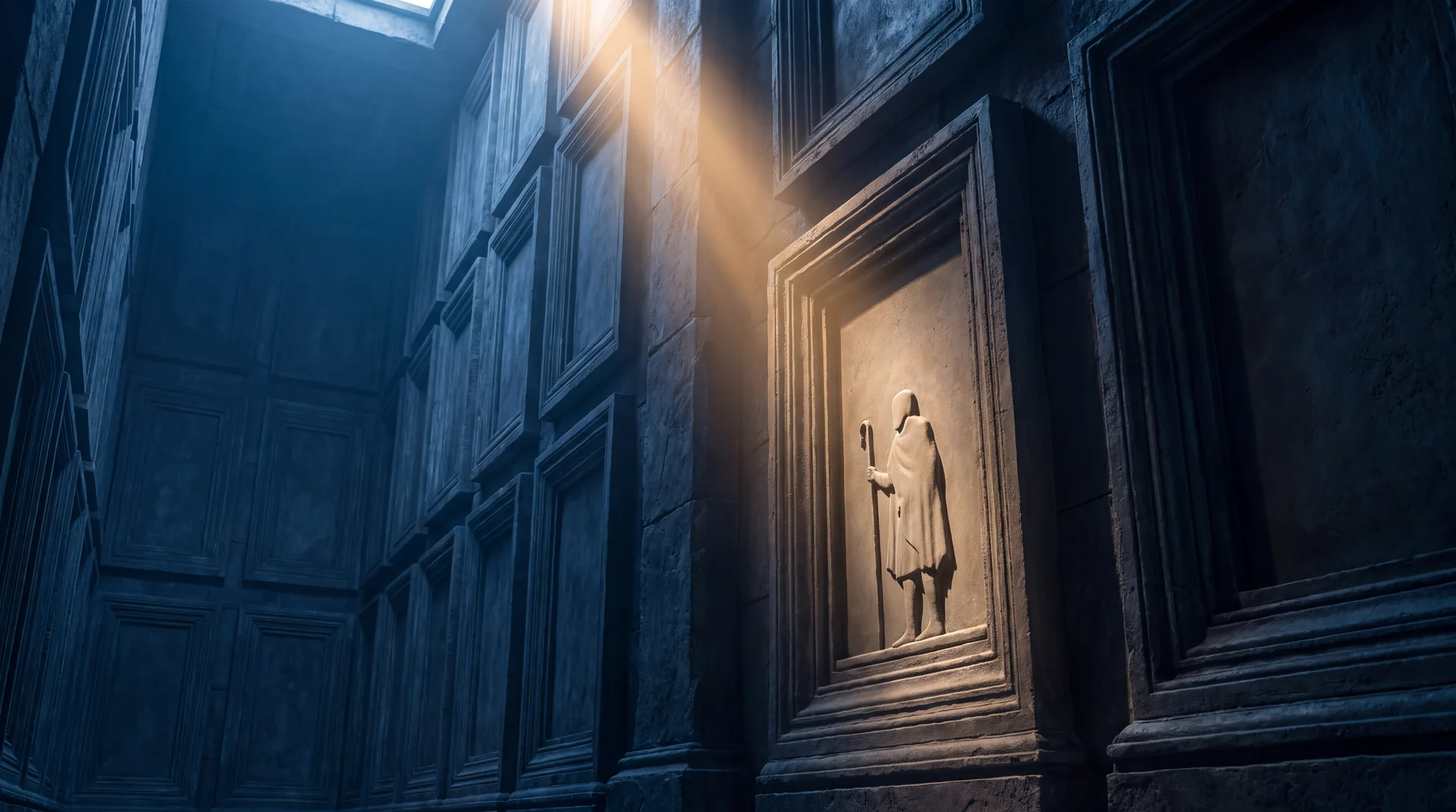 A vast dark archive hall of tall carved stone record panels, all of them unlit except one, which is picked out by a shaft of warm light from far above and holds a small carved figure of a plain herdsman with a staff, set in a frame far grander than the figure inside it