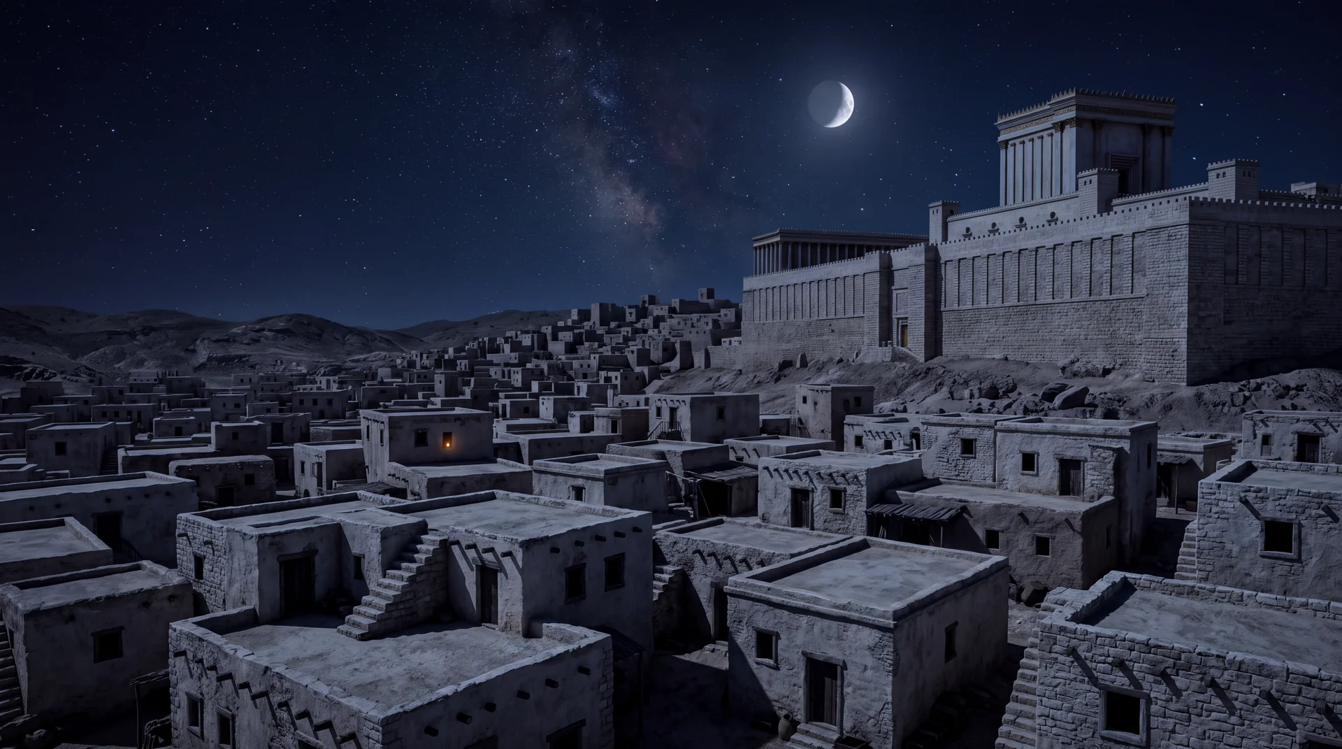 A first century Judean hill city at night seen across flat limestone rooftops, the temple platform on the far side, everything dark except one small window showing a faint warm lamp