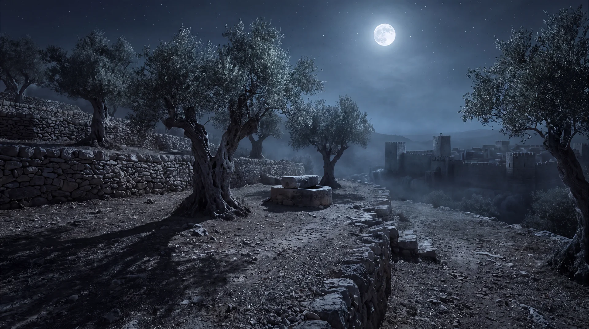 An ancient olive grove on a rocky hillside under a bright moon, terraced dry stone walls and a stone oil press, a dark unlit walled city below, no artificial light anywhere