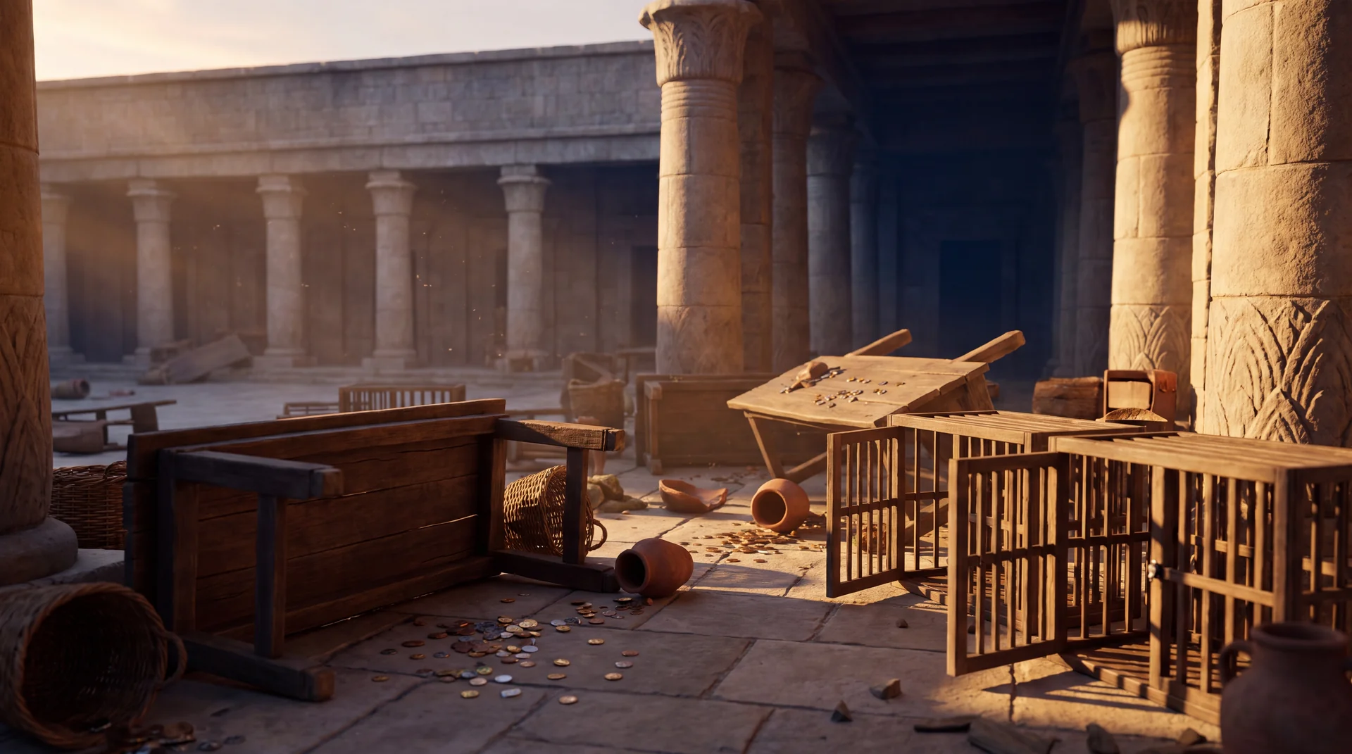 A great stone temple courtyard at dusk just after it was cleared, heavy trading tables overturned on the flagstones, coins scattered across the ground, spilled baskets and open empty cages, low golden light raking through the colonnade, nobody present