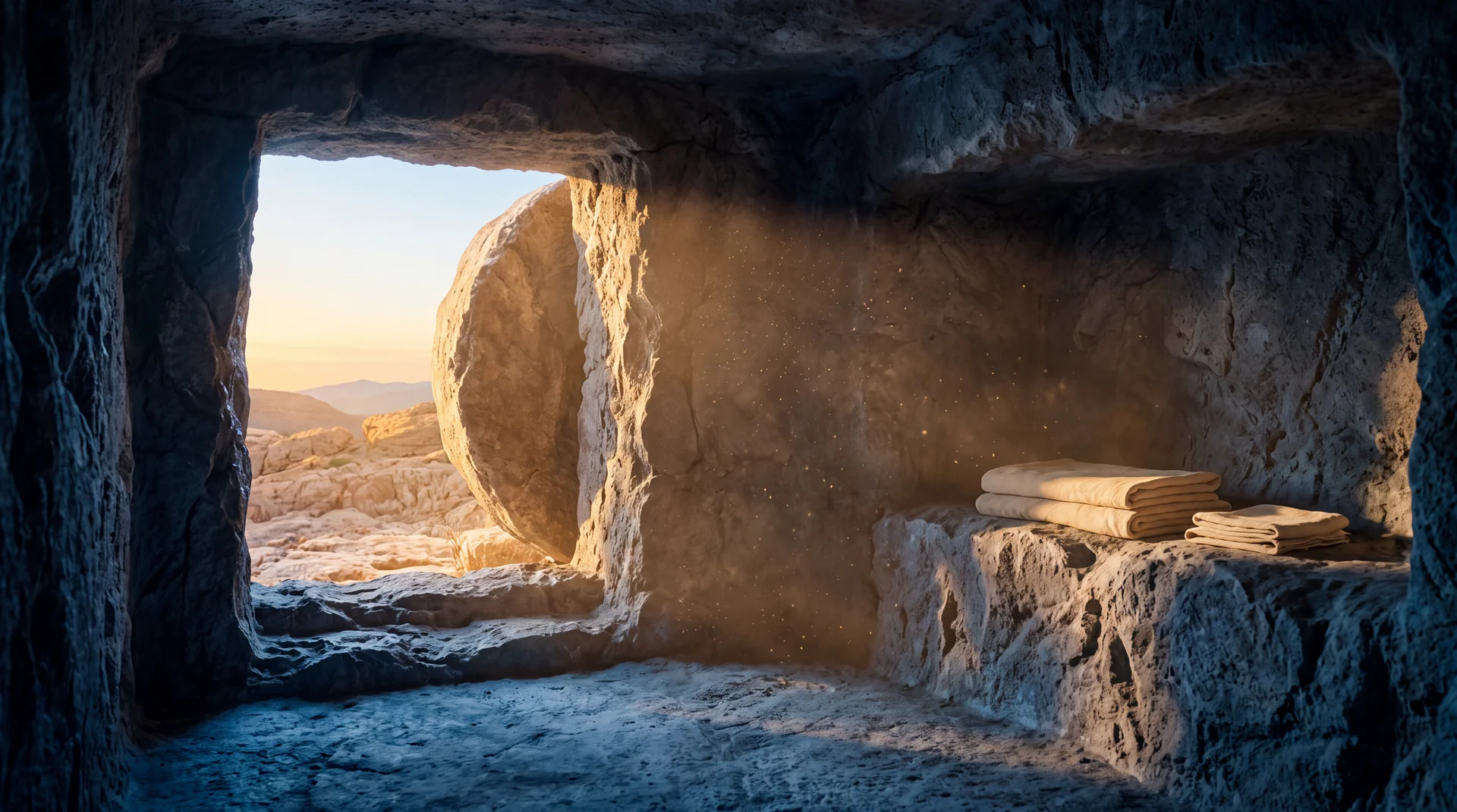 The view from inside a rock hewn tomb chamber at dawn, the great circular stone rolled aside, warm morning light flooding across the cold stone floor, folded linen cloths resting on the shelf, dust suspended in the light