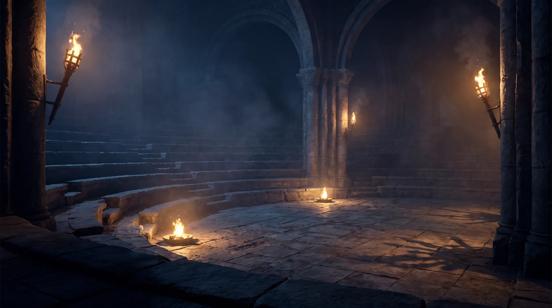 An empty ancient stone judgment hall at night lit by guttering torches, tiered semicircular seats all vacant, a worn bare flagstone in the centre of the floor isolated in torchlight, smoke haze