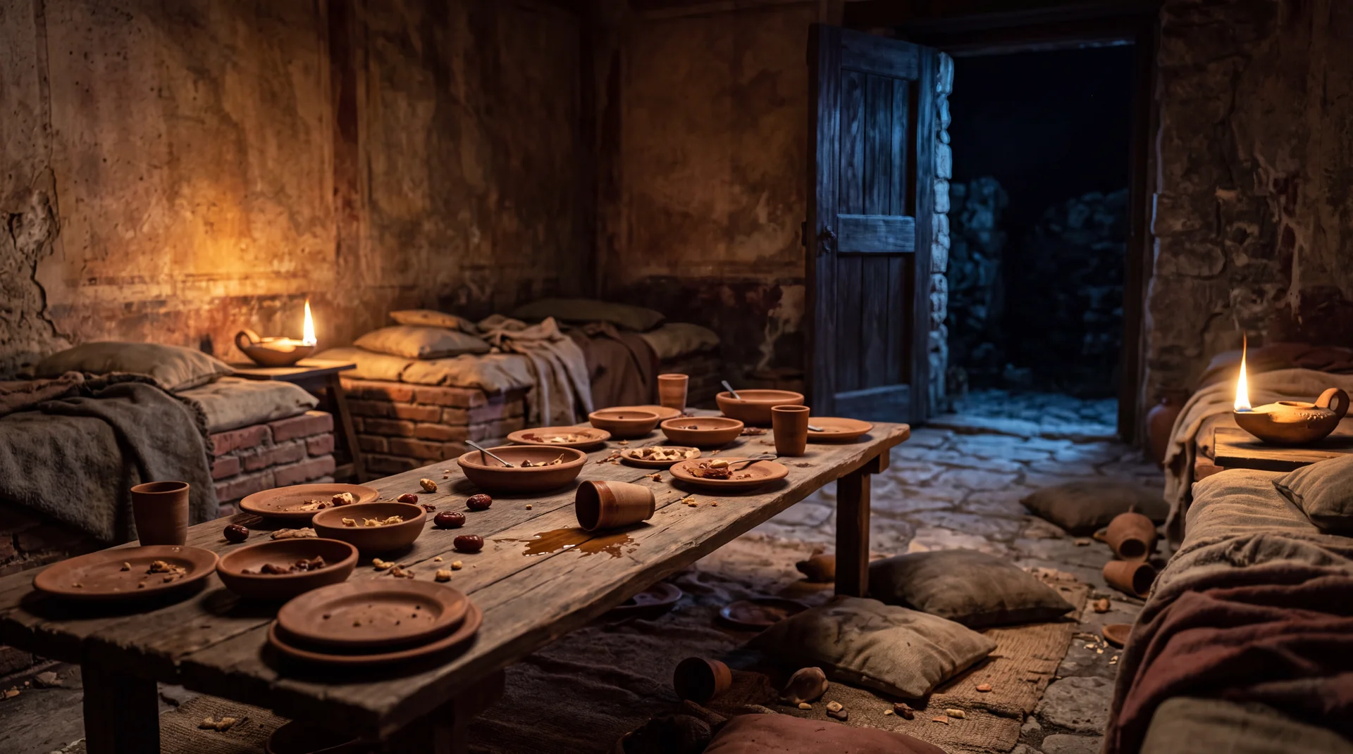A plain ancient dining room at night abandoned mid meal, a long low table with scattered clay cups and plates, one cup tipped over, floor cushions shoved back, a heavy door standing open onto black night, two oil lamps burned almost out