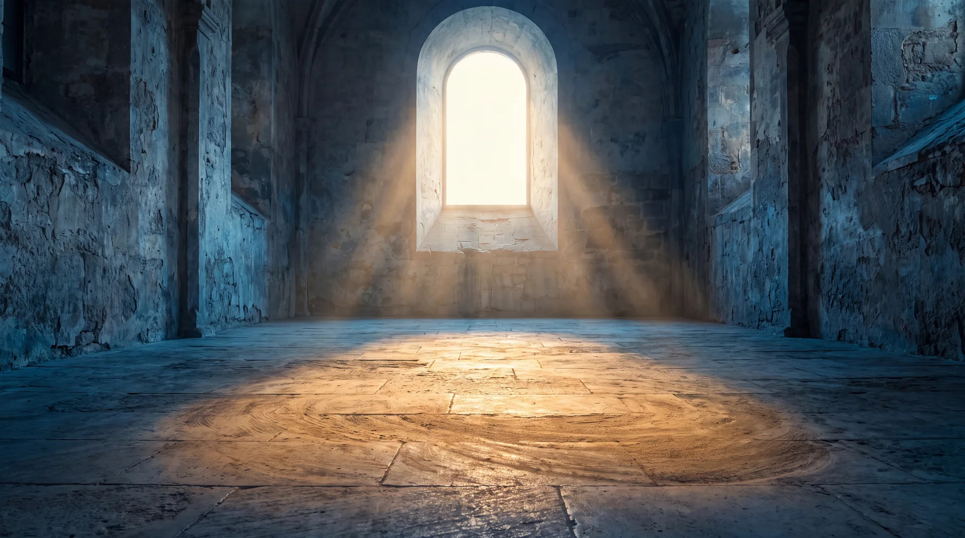 Dawn light pouring through a tall arched opening in an ancient stone hall onto a swept empty floor, the light itself the subject, soft and enveloping, cold blue stone warmed to gold where the light lands