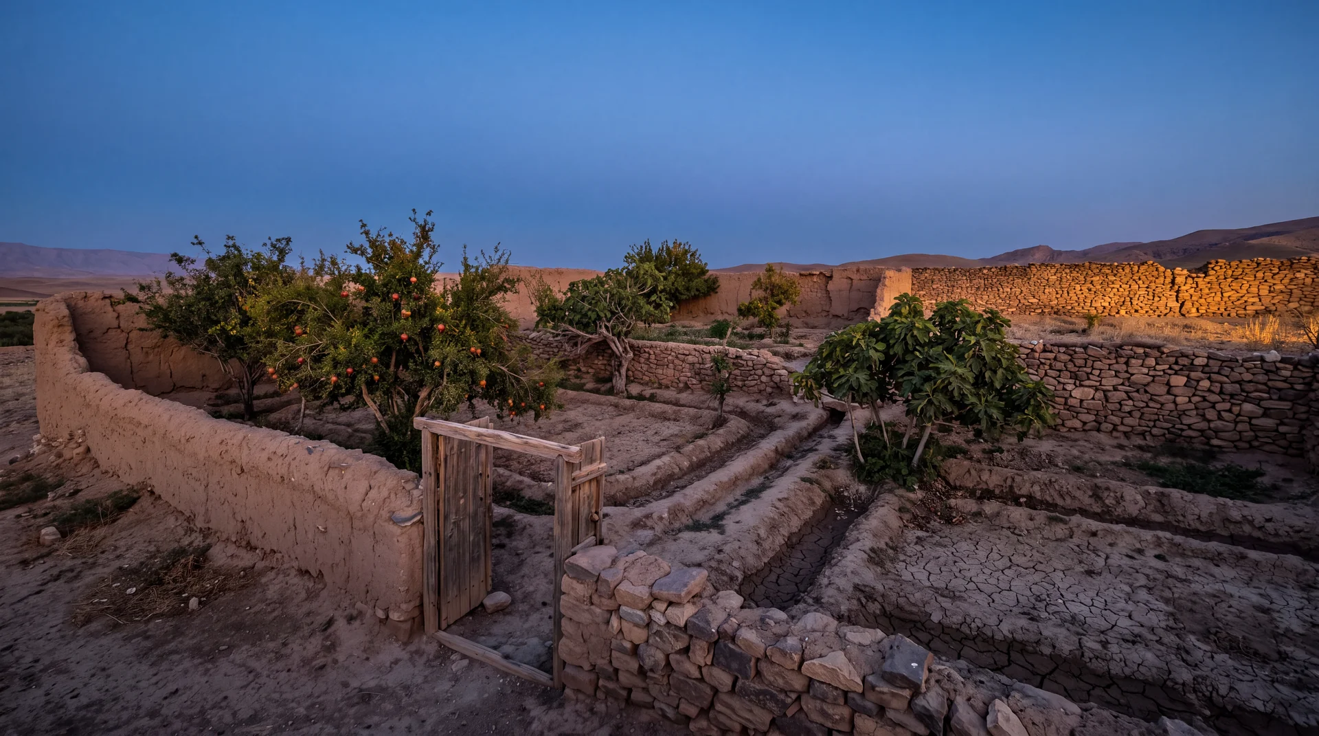 An ancient walled garden at dusk in the highlands, low mudbrick and fieldstone walls, fruit trees and irrigation channels going dry at the edges, an open unguarded gateway, cold blue evening sky with the last gold on the far wall