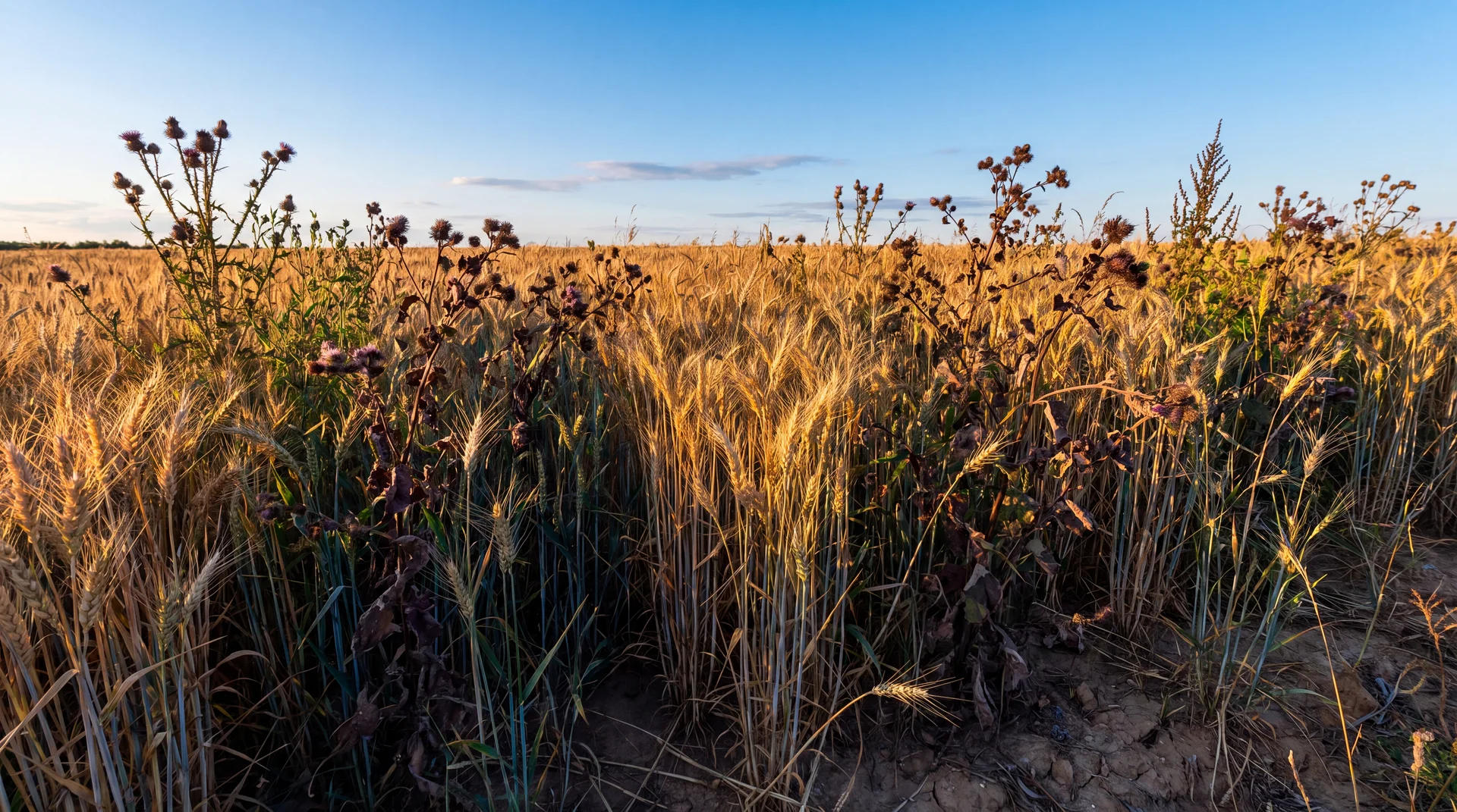 A ripe wheat field at golden hour, tall dark thistles and weeds growing tangled among the wheat stalks and deliberately left standing together, low warm sun raking across the heads of grain, cold blue sky above