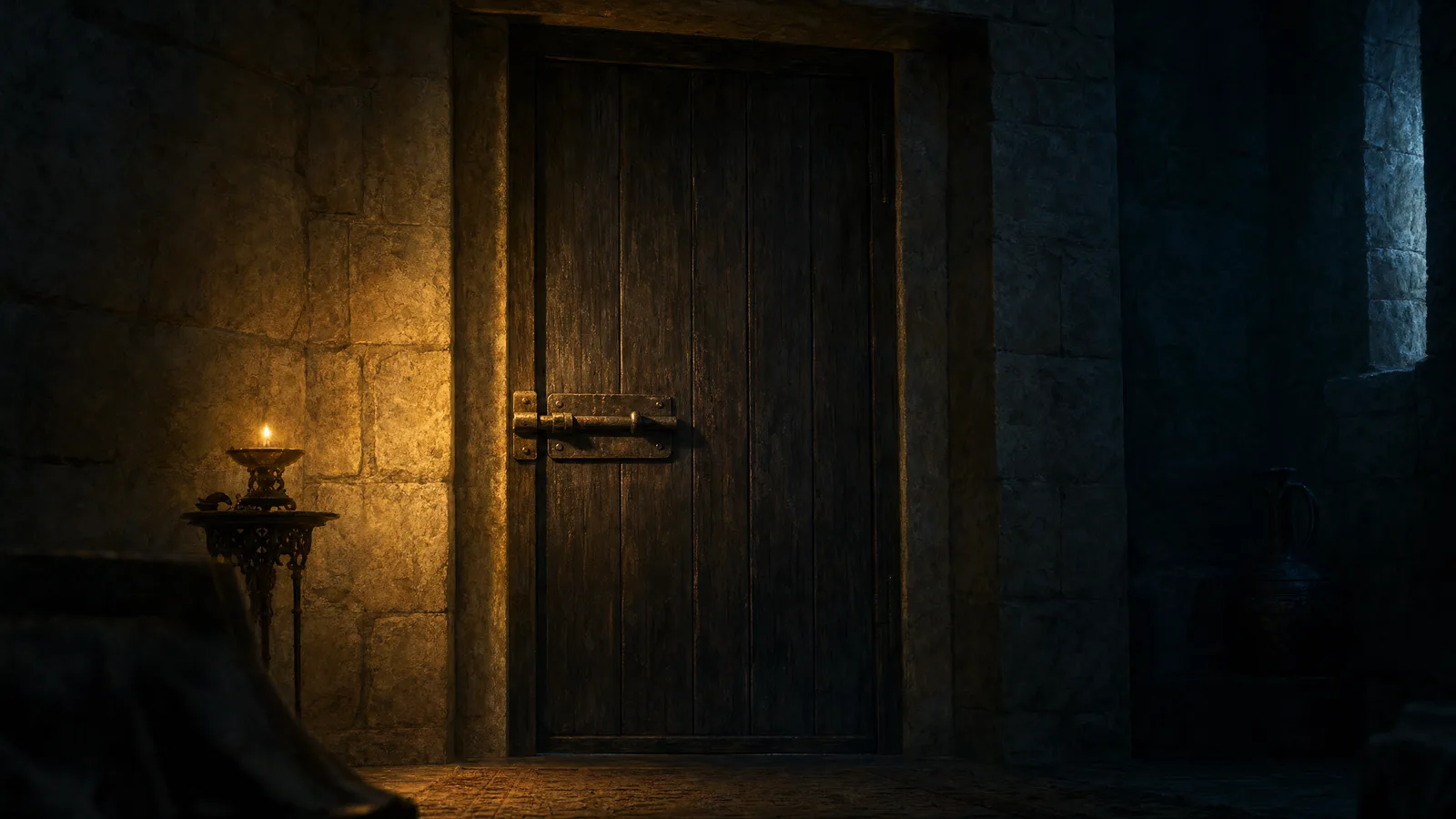 A heavy dark door set in a pale stone wall, seen from the inside, with a single simple bolt on the near side lit by warm gold light, the far side in cold blue shadow, the bolt plainly within reach only from where the viewer stands