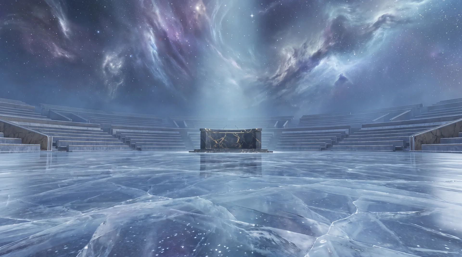 A vast floor of polished translucent crystal stretching to the horizon under a sky of nebulae, ringed by empty tiered seating, with a single raised speaking platform of gold veined stone standing alone and unoccupied at its centre