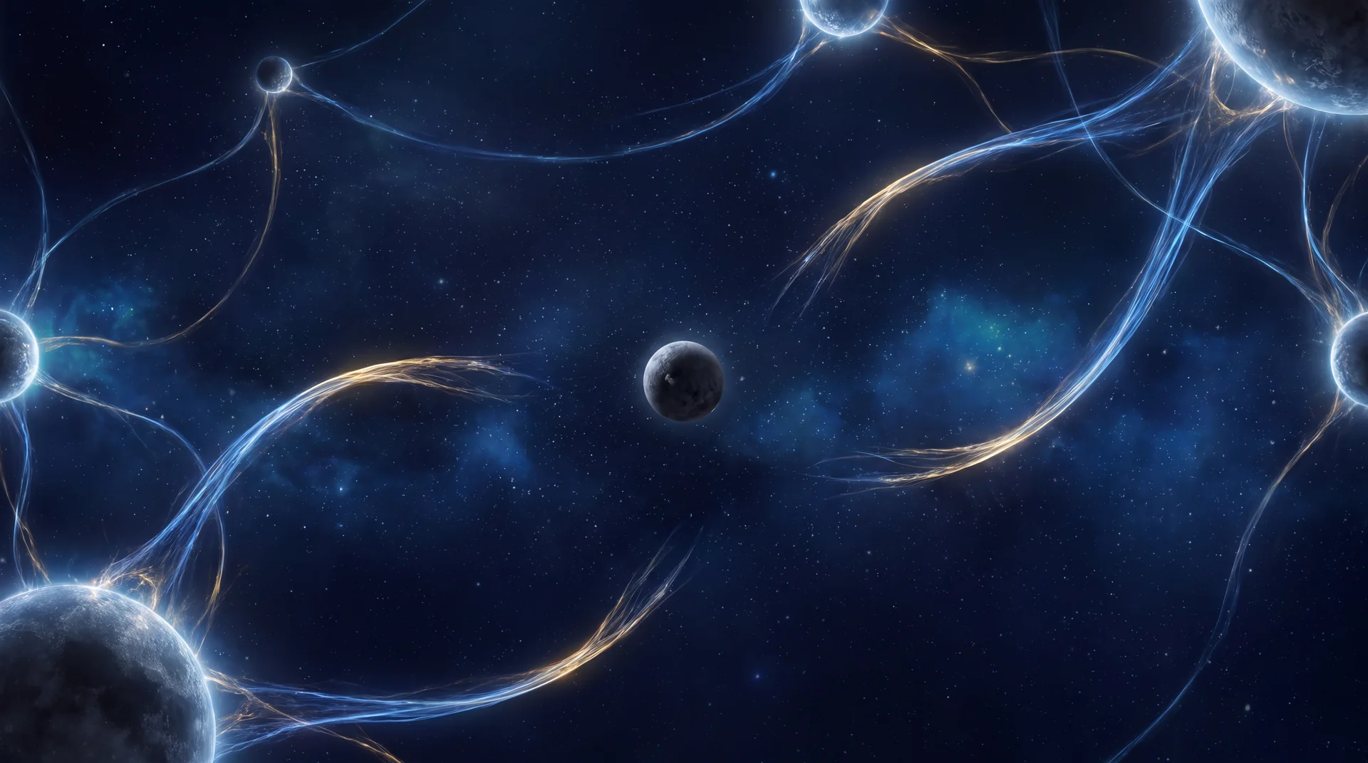 Deep space showing luminous blue and gold energy streams arcing between distant bright worlds, every one of them stopping short of a single small dark unlit planet that hangs alone in the gap