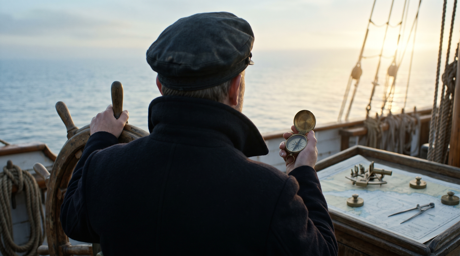 A ship's captain seen from behind at the wheel at dawn, holding a brass compass beside a chart table