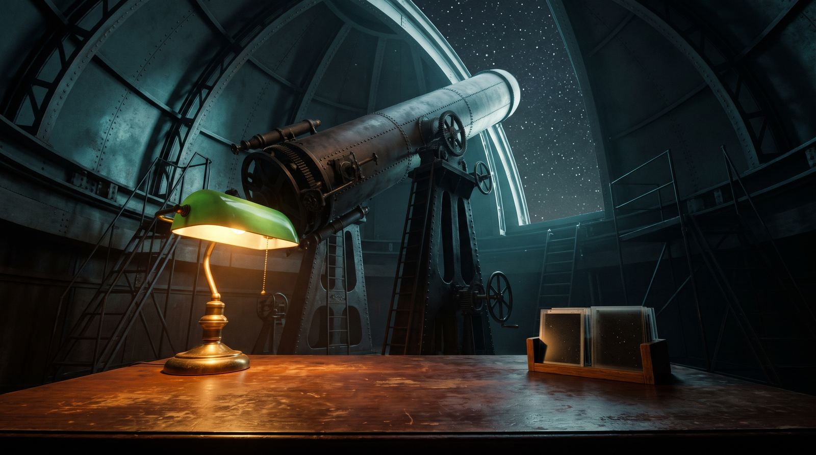 Night inside an early observatory dome, a great telescope under the open slit and a rack of glass photographic plates beside a green desk lamp