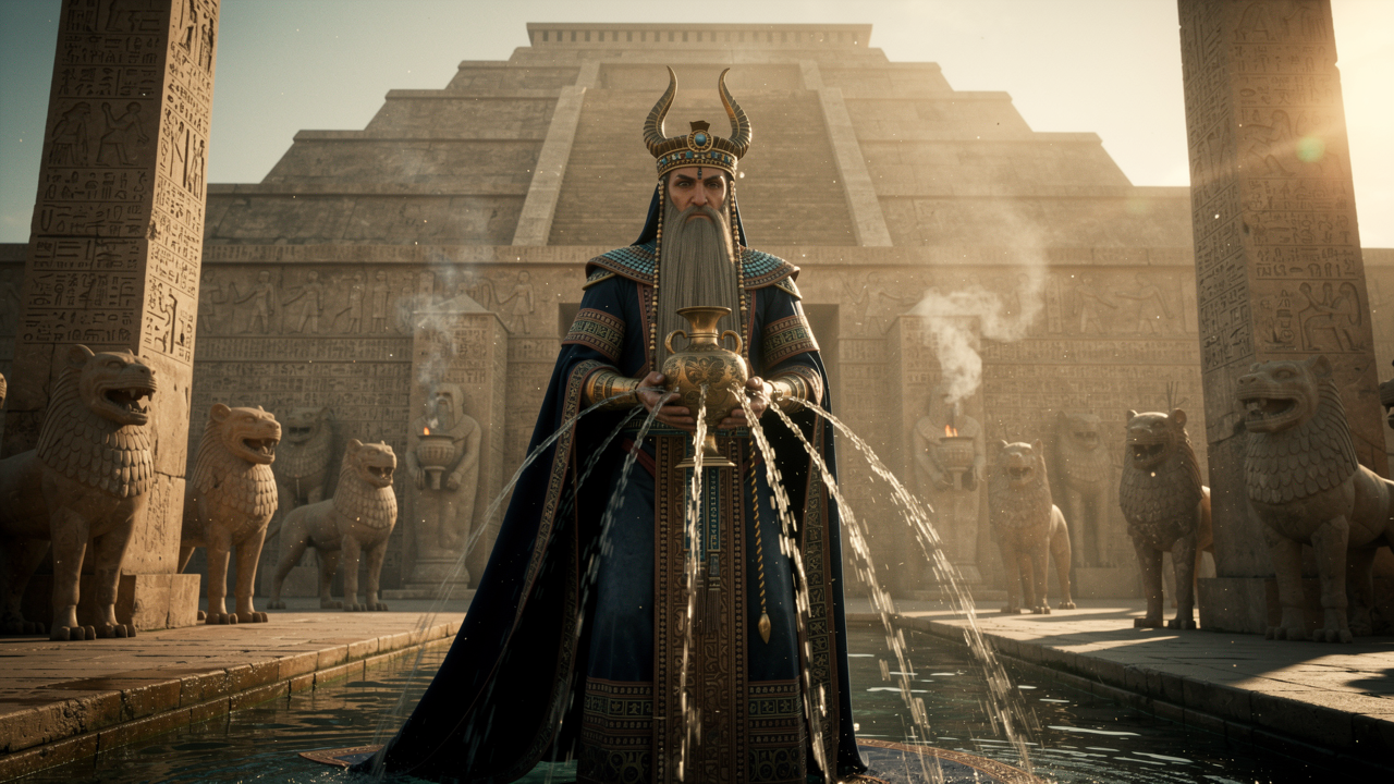 Enki, the Sumerian lord of wisdom and fresh water, enthroned with the streams flowing from his hands