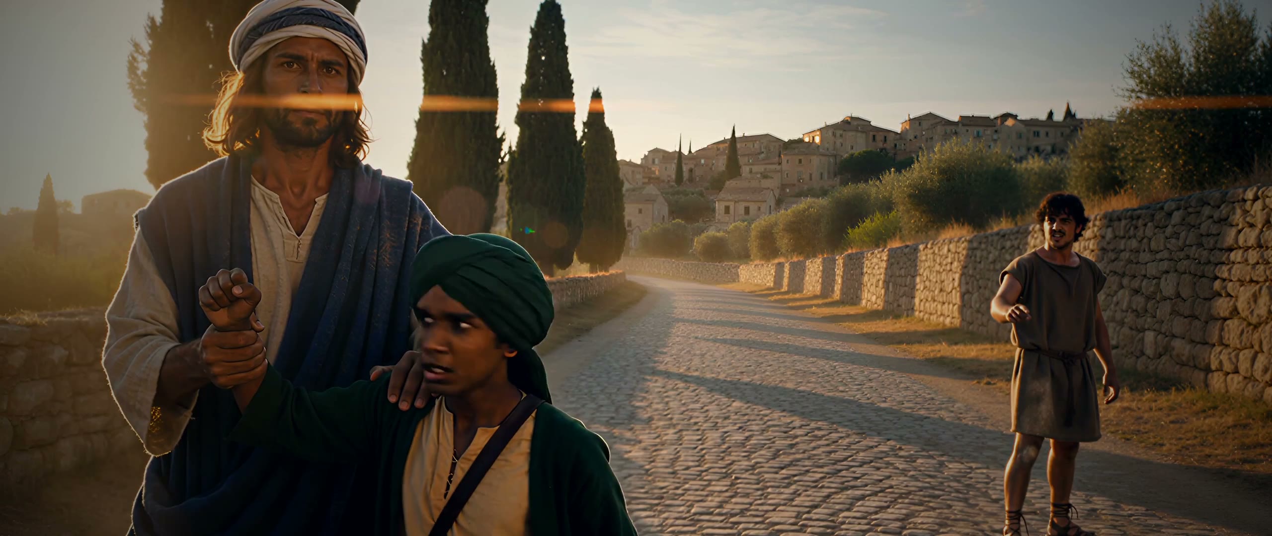 Two youths struggling on a dusty Roman road