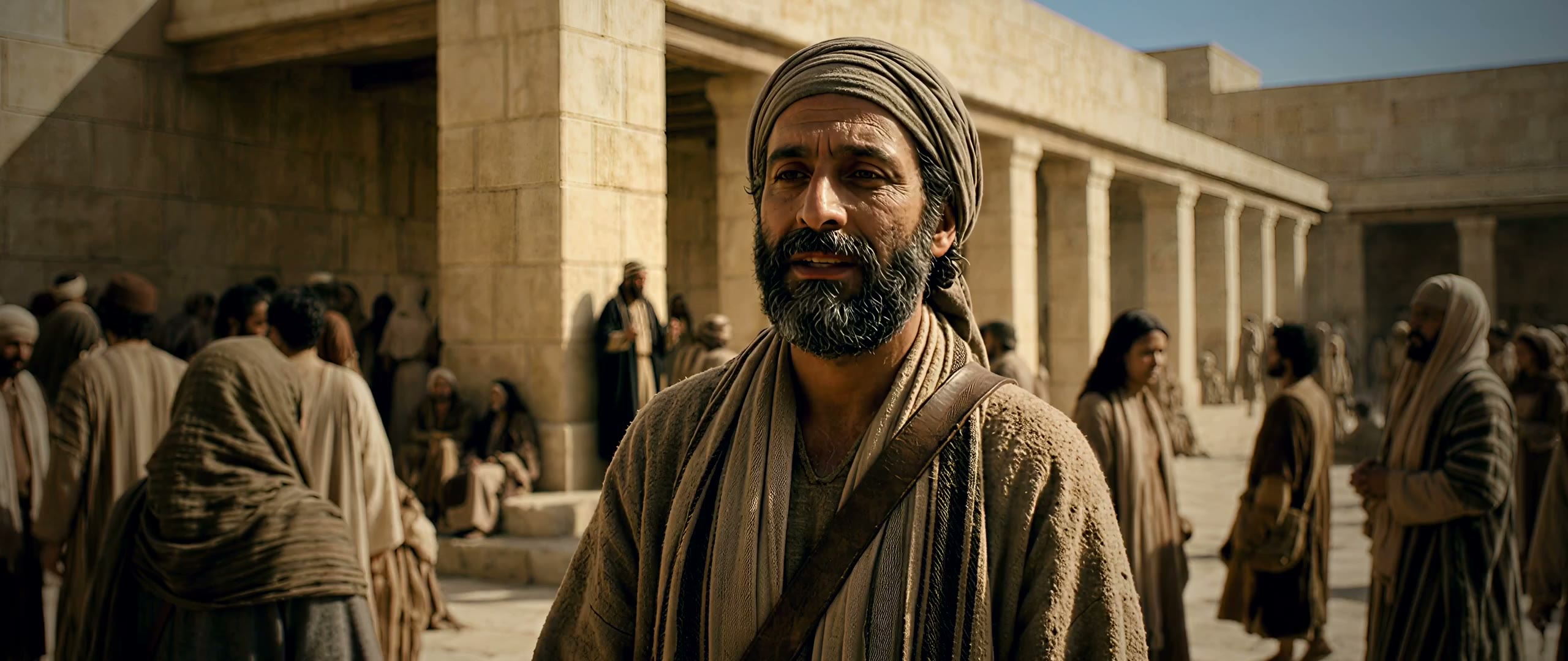 Jesus teaching in a sunlit colonnade, a crowd of listeners around him